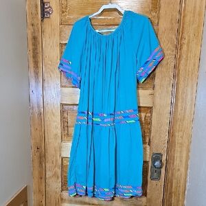 Vintage Blue Green CaftanDress By Cotillion with Rainbow Accents